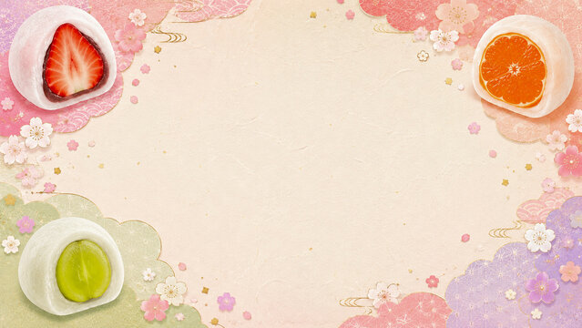 フルーツ大福と桜の和風フレーム背景/Japanese Spring Frame Background with Fruit Daifuku and Cherry Blossoms Generative AI