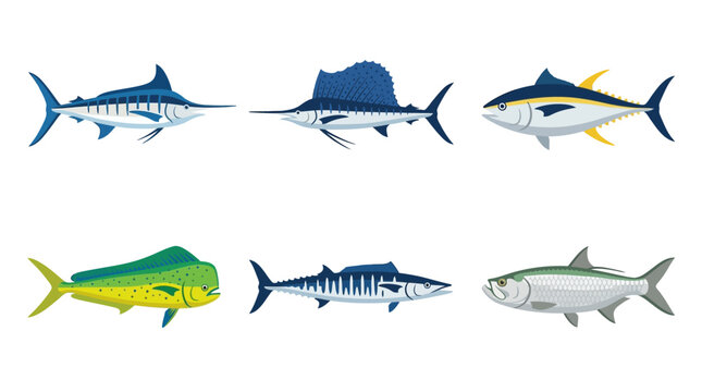 Flat vector icon set of 6 saltwater game fish: blue marlin, sailfish, tuna, mahi-mahi, wahoo, and tarpon