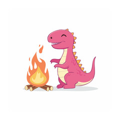 Naklejka premium Pink cartoon dinosaur by a campfire