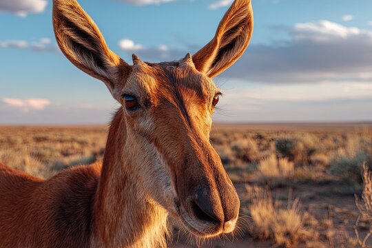 Close-up portrait of a Saiga antelope with its unique nose in a dusty, arid grassland at sunset
