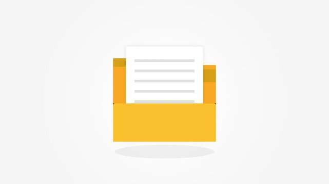 Yellow office inbox tray with white documents for business organization on white background