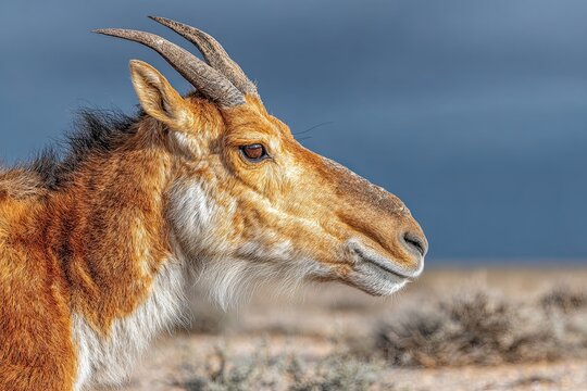 Close-up profile of a Saiga antelope with its distinctive bulbous nose in a natural grassland setting