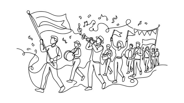 People marching in a parade with flags and musical instruments, single line drawing