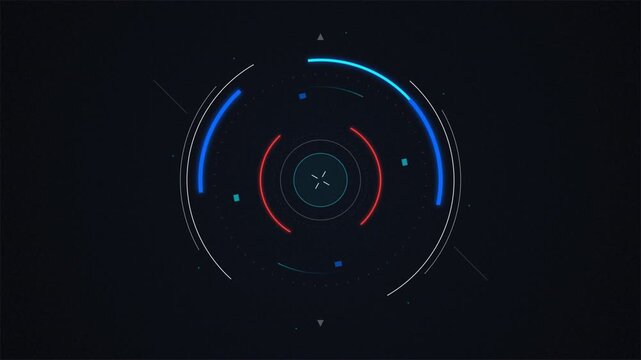 Futuristic circle HUD interface with rotating blue and red elements, cyber technology animation 4k video