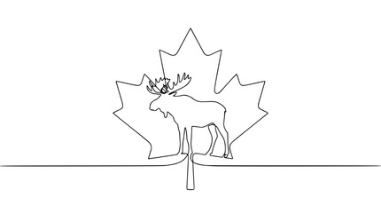 Obraz premium Single Line Art Moose Silhouette on Canadian Maple Leaf Flag Background