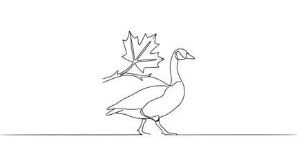 Fototapeta premium Continuous Line Drawing: Goose Walking Beside Maple Leaf Branch, Minimalist Nature Art