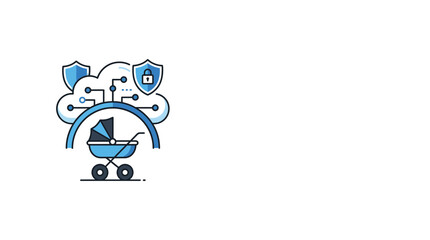 Fototapeta premium A stylized icon depicting a baby stroller protected by a digital cloud and security shields.