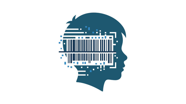 A digital silhouette of a child head featuring a barcode and circuit board pattern.