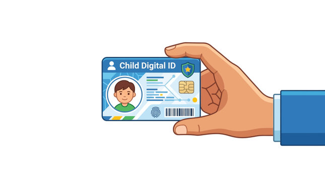 A hand holding a digital identification card for a child against a white background.