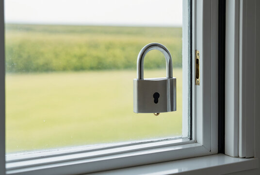 Conceptual image of a silver padlock on a white window for home security
