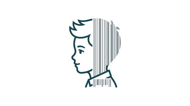 Minimalist illustration of a young boy with hair styled as a barcode.