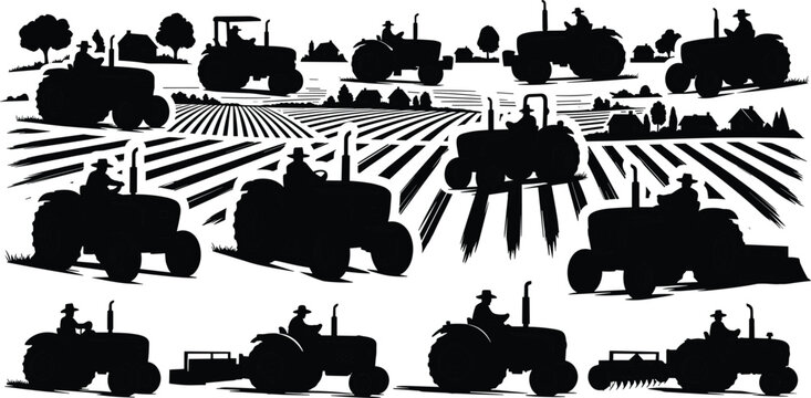 Silhouette illustrations of tractors working in fields with farmers, crops, and rural scenery&mdash;ideal for agriculture, farming, and countryside design projects - flavector