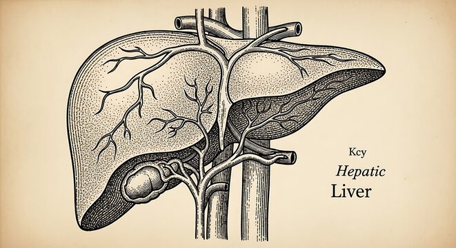 Detailed anatomical diagram of human liver and gallbladder.
