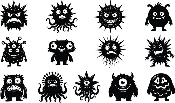 Cute Little Monster and Microbe Silhouette Vector Set with Funny Alien and Spooky Virus Characters for Halloween and Kids Graphic Designs