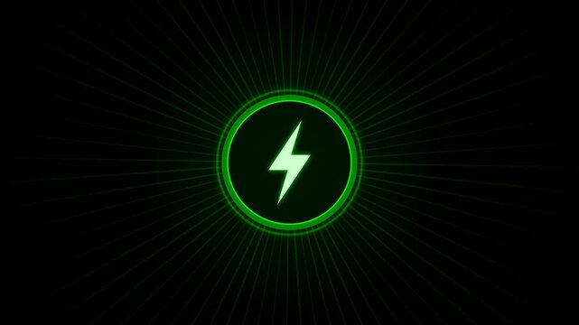 Green lightning bolt icon pulsing inside a circular frame with radiating lines on black