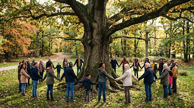 Diverse group of people holding hands in a circle around a large oak tree