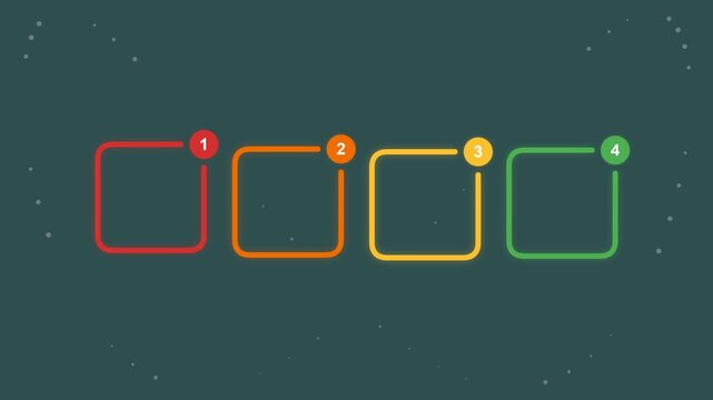Four colorful square infographic frames with numbers 1 to 4 and animated line elements.