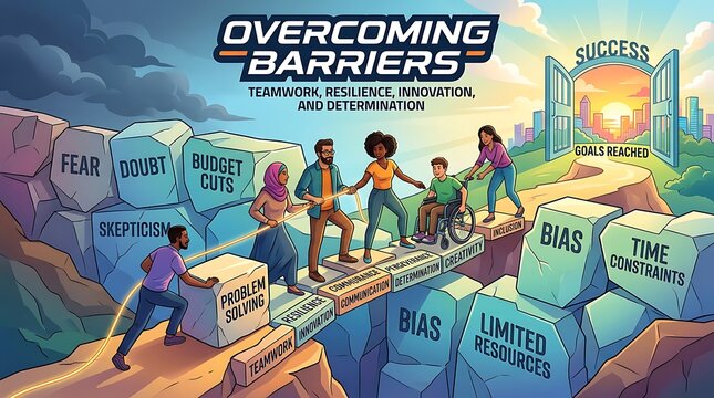 Diverse team overcoming barriers and obstacles to reach success together