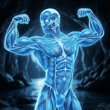 Glowing blue skeleton with radiant energy effects.