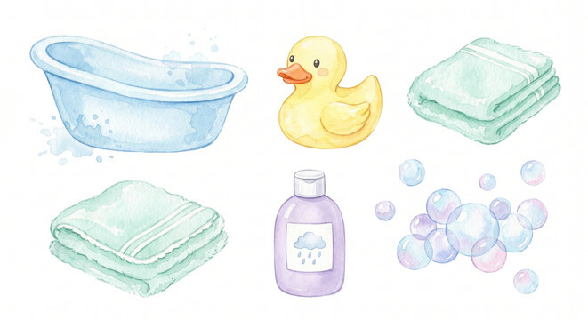 Watercolor illustration set of baby bath time items