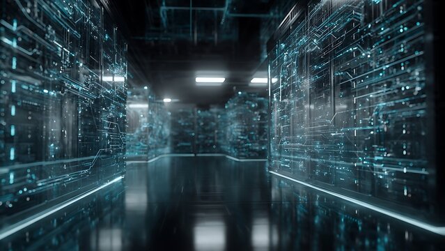 Abstract digital network data flow visualization with glowing lines.