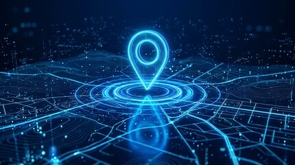 Fototapeta premium Futuristic digital map pointer glowing on a cyber network grid representing smart city navigation and advanced GPS tracking