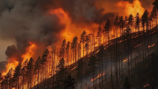 Intense wildfire flames and dark smoke engulfing a hillside in a dramatic natural disaster scene