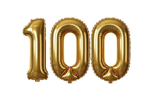 Golden 100 number balloons isolated on transparent background