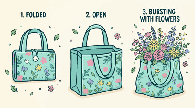 Illustration showing steps of a foldable floral tote bag in folded open and filled states.