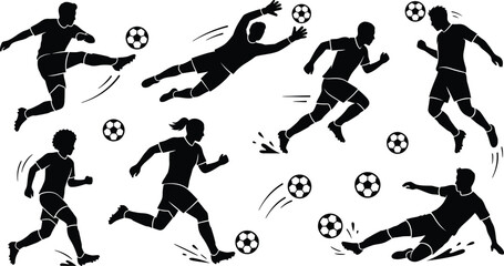 Black silhouettes of soccer players kicking balls © Md. Musaddik Rahman
