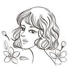 Fototapeta premium Elegant Line Art Illustration of Beautiful Woman Portrait with Short Wavy Bob Hair and Flowers