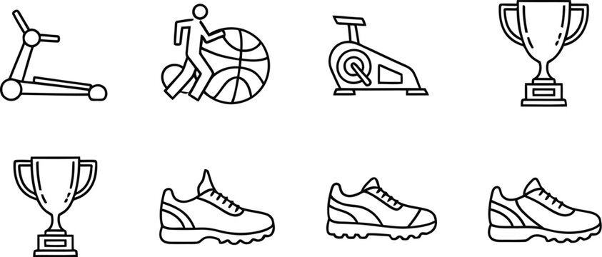 Black line icons of sports equipment and trophies