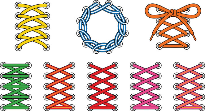 Colorful Shoelace Lacing Styles Vector Set Featuring Sneaker Shoe Strings and Bow Tie Knots for Fashion Graphics, Footwear Manuals, and Apparel Graphic Designs