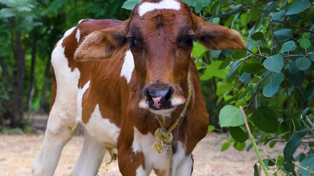 Cinematic clip of a baby cow tied with traditional rope