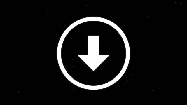 White download arrow icon pulsing on a black background with subtle floating particles