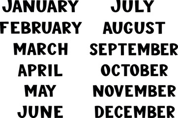 Obraz premium Bold Handwritten Vector Months of the Year Typography Set for Yearly Calendars Planners Journals Including January February March April May June July August September October November December