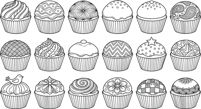Cupcake Outline Vector Set with Intricate Mandala Patterns for Kids Coloring Books, Sweet Bakery Branding, Adult Relaxing Activities, and Caf&eacute; Menu Designs