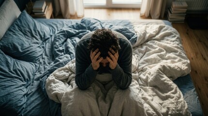 Fototapeta premium Man Sitting In Bed Holding His Head In Despair