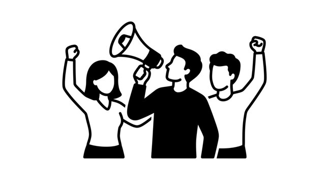 A group of three people protesting and speaking through a megaphone.
