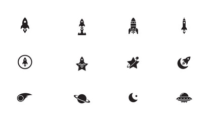 Black rocket ship and celestial bodies icon set for cosmic adventure and space travel app. © MDABDUR
