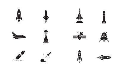 Advanced space technology icons with moon lander satellite and rocket launch silhouettes. © MDABDUR