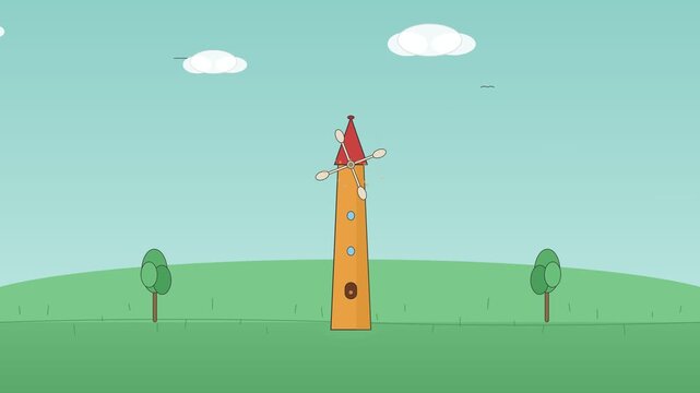 A colorful flat design 2D animation of a rustic windmill spinning its blades on a rolling green hill under a blue sky with moving clouds and flying birds
