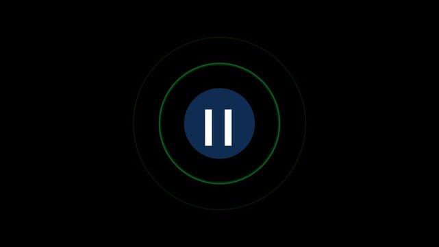 A minimalist displaying two vertical white lines representing a pause symbol within a dark blue circle, surrounded by concentric green rings, one solid and one glowing, on a black