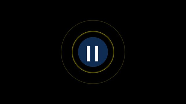 Minimalist dark background with a blue circular pause button surrounded by concentric yellow glowing rings and subtle light effects