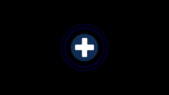 A minimalist white plus symbol centered within a dark blue circle surrounded by concentric glowing blue rings on a solid black background representing a medical or add button Keywords: plus