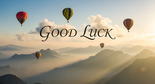 Hot Air Balloons Floating Over Mountains with Good Luck Text