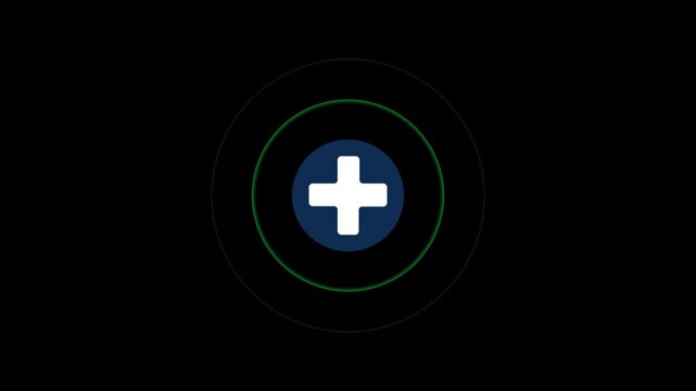 A white plus symbol is presented within a dark blue circle, which is then surrounded by two concentric rings, a vibrant green and a glowing green outline, all set against a solid black