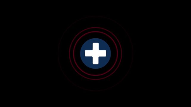 A white plus symbol is centrally positioned inside a dark blue circle which is encircled by two concentric rings, a deep red and a glowing red outline, against a completely black background
