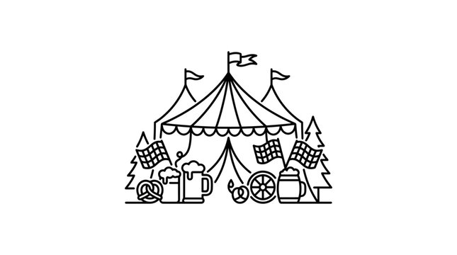Line art illustration of an Oktoberfest beer tent with pretzels and mugs.