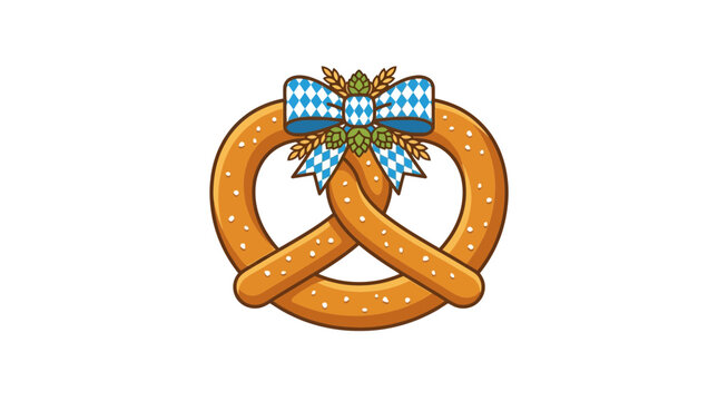 Traditional Bavarian pretzel decorated with a blue and white checkered ribbon and wheat stalks.